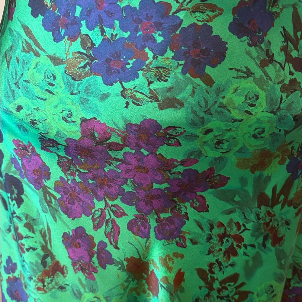 Zara Green and Purple Floral Print Satin Effect Dress with Cut Out Maxi Dress - Picture 13 of 15
